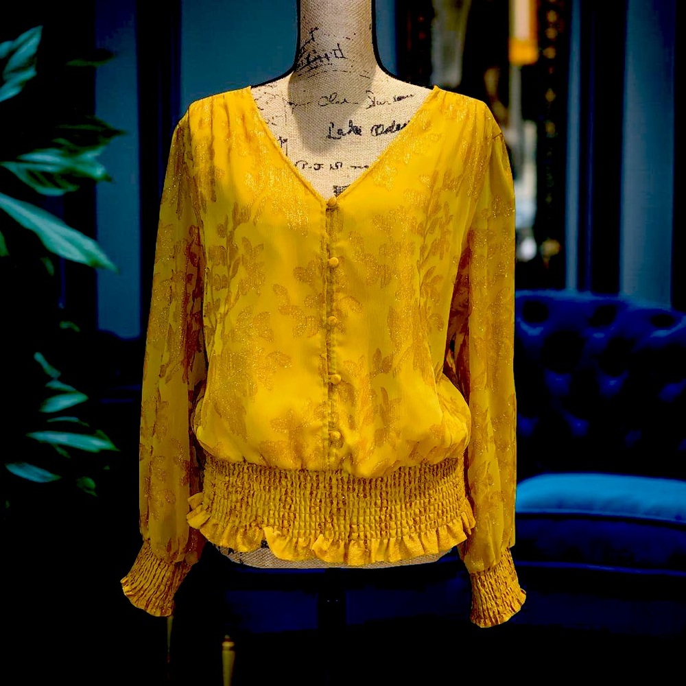 INC International Concepts Yellow Iridescent Floral Blouse XL